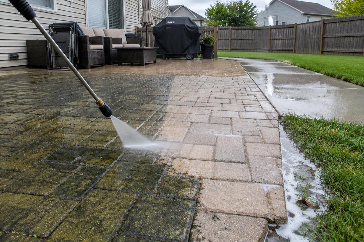 Pressure cleaning a backyard paver patio and walkway