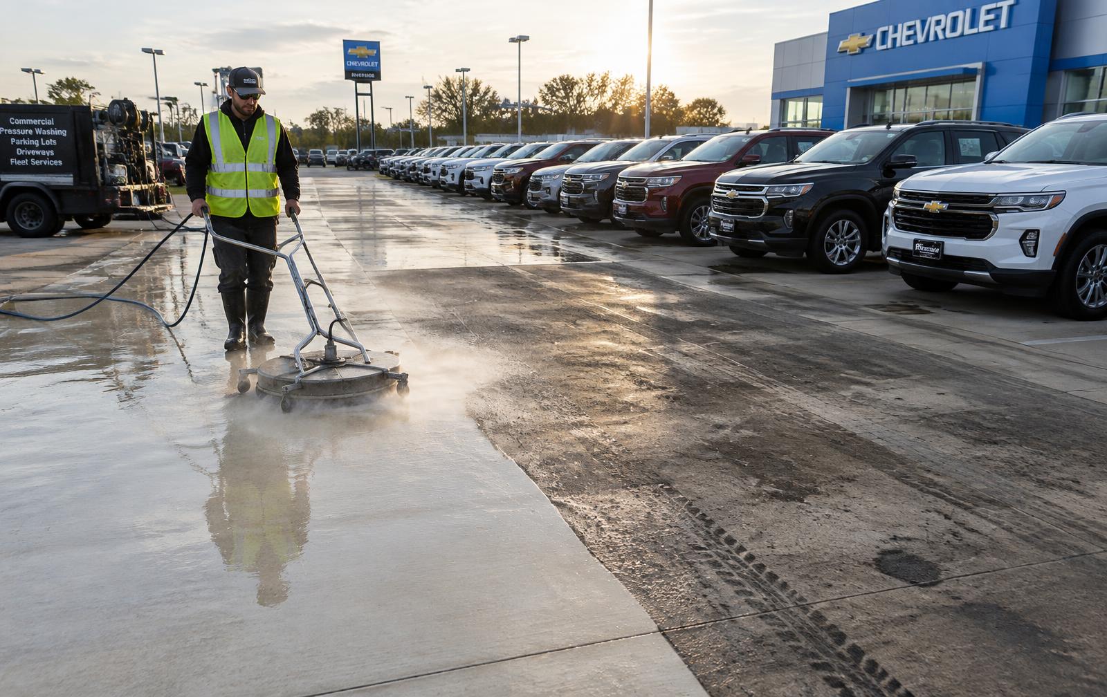 Crew pressure washing a car dealership driveway and sales lot