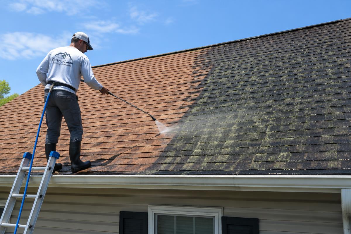 Soft washing algae and moss off an asphalt shingle roof