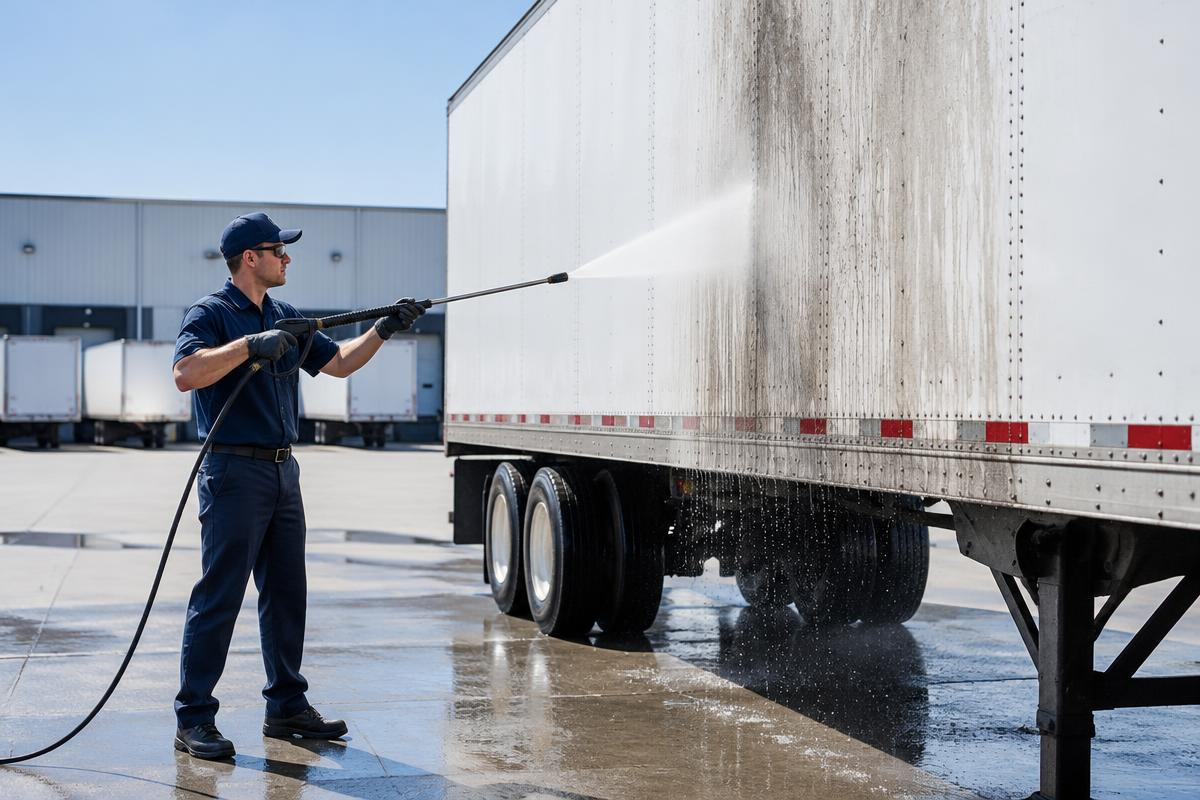 Pressure washing the side of a semi-trailer in a logistics yard